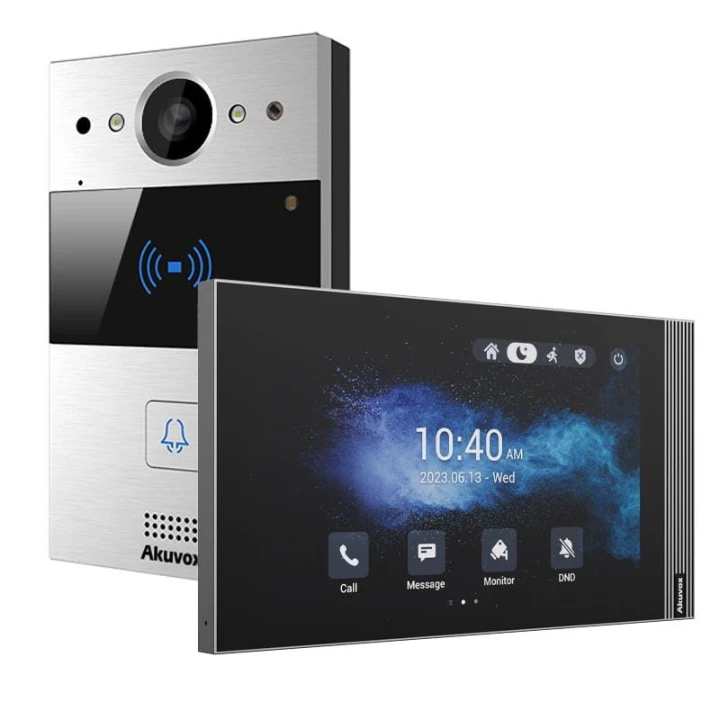 W skład zestawu wchodzi: Panel zewnętrzny IP Akuvox R20A x1 Monitor wideodomofonowy IP 8" Akuvox S563W x1