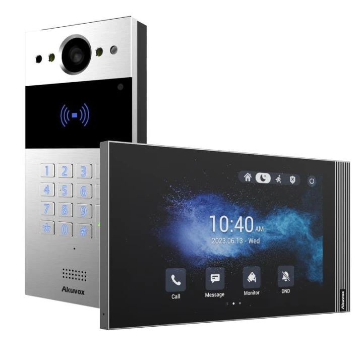 W skład zestawu wchodzi: Panel zewnętrzny IP Akuvox R20K x1 Monitor wideodomofonowy IP 8" Akuvox S563W x1