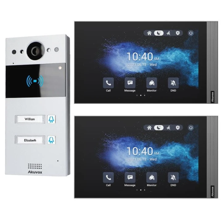 W skład zestawu wchodzi: Panel zewnętrzny IP Akuvox R20BX2 x1 Monitor wideodomofonowy IP 8" Akuvox S563W x2