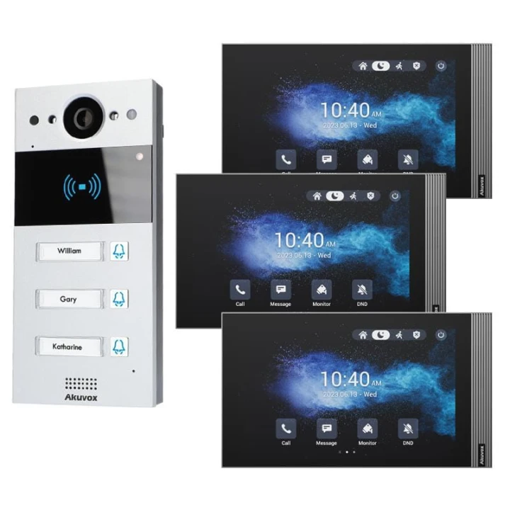 W skład zestawu wchodzi: Panel zewnętrzny IP Akuvox R20BX3 x1 Monitor wideodomofonowy IP 8" Akuvox S563W x3