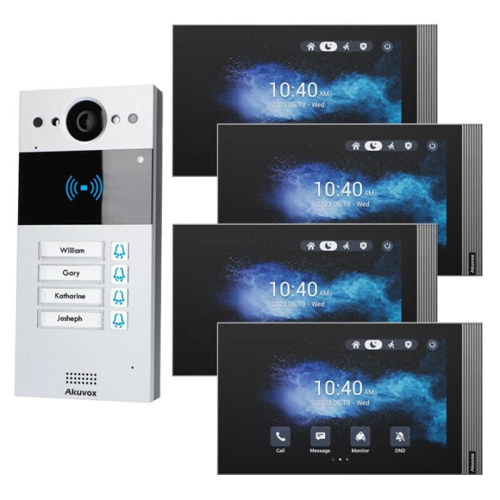 W skład zestawu wchodzi: Panel zewnętrzny IP Akuvox R20BX4 x1 Monitor wideodomofonowy IP 8" Akuvox S563W x4