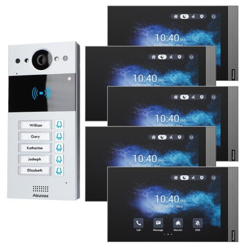 W skład zestawu wchodzi: Panel zewnętrzny IP Akuvox R20BX5 x1 Monitor wideodomofonowy IP 8" Akuvox S563W x5