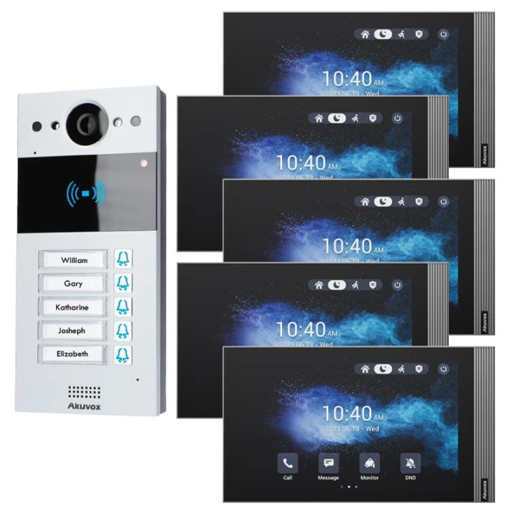 W skład zestawu wchodzi: Panel zewnętrzny IP Akuvox R20BX5 x1 Monitor wideodomofonowy IP 8" Akuvox S563W x5