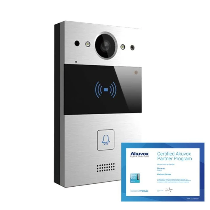 Kamera: 110 stopni Pozdzielczość: 2Mpx Połączenie: Przewodowe Podgląd zdalny: Tak Czytnik kart: Tak Szyfrator: Nie Klasa szczelności: IP65 Współpraca SIP, Onvif, Grenton, Fibaro