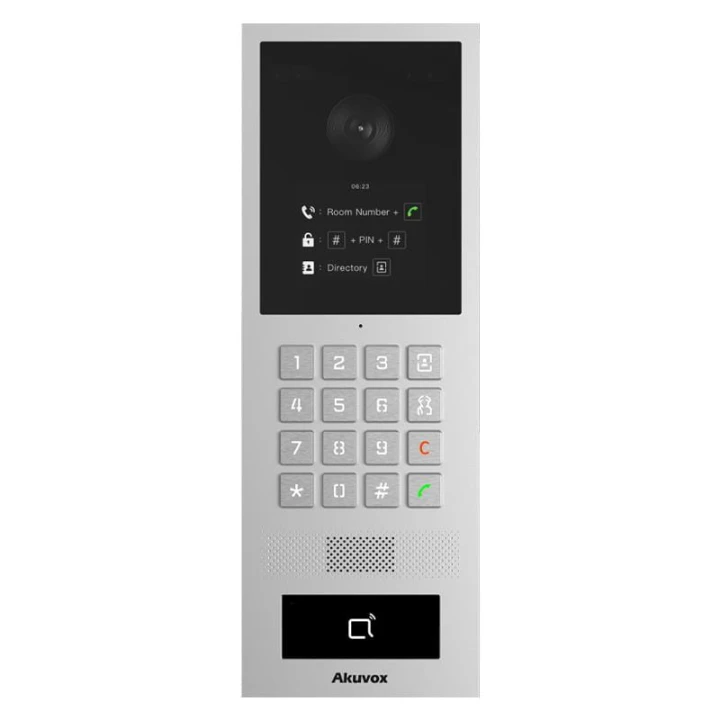 Obudowa wandaloodporna z numeryczną klawiaturą System operacyjny Linux Szerokokątna kamera: 130° (H), 90° (W) Dwukierunkowa rozmowa audio z kasowaniem echa Wiele metod dostępu: Karta, PIN & BLE Montaż natynkowy i podtynkowy Wsparcie SIP i ONVIF