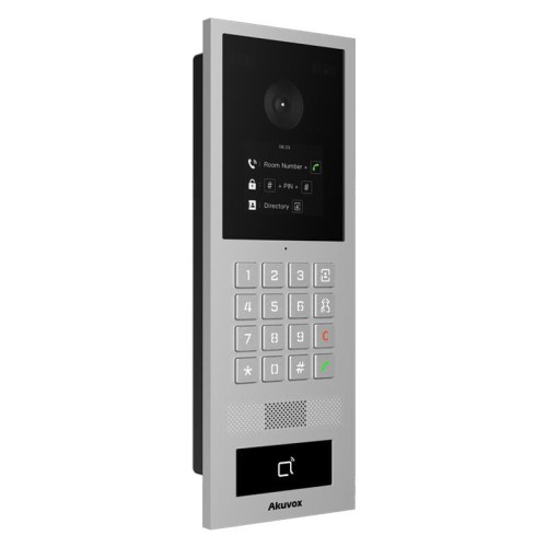 Obudowa wandaloodporna z numeryczną klawiaturą System operacyjny Linux Szerokokątna kamera: 130° (H), 90° (W) Dwukierunkowa rozmowa audio z kasowaniem echa Wiele metod dostępu: Karta, PIN & BLE Montaż natynkowy i podtynkowy Wsparcie SIP i ONVIF