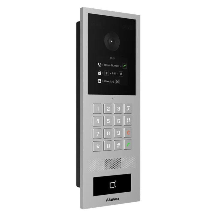 Obudowa wandaloodporna z numeryczną klawiaturą System operacyjny Linux Szerokokątna kamera: 130° (H), 90° (W) Dwukierunkowa rozmowa audio z kasowaniem echa Wiele metod dostępu: Karta, PIN & BLE Montaż natynkowy i podtynkowy Wsparcie SIP i ONVIF