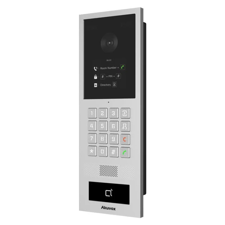 Obudowa wandaloodporna z numeryczną klawiaturą System operacyjny Linux Szerokokątna kamera: 130° (H), 90° (W) Dwukierunkowa rozmowa audio z kasowaniem echa Wiele metod dostępu: Karta, PIN & BLE Montaż natynkowy i podtynkowy Wsparcie SIP i ONVIF