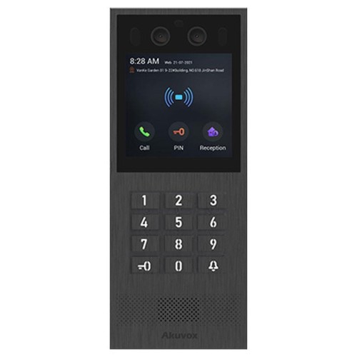Rozdzielczość kamery: 2 Mpx (125°) + 2 Mpx Wyświetlacz: Dotykowy 4" (TFT LCD) Liczba wejść: Furtka i Brama (2) Otwieranie: Brelok ID / Kod PIN / Aplikacja / Twarz / BLE / NFC / Kod QR Zasilanie: PoE / DC 12 V Obsługa: TCP/IP / SIP / ONVIF / HTTP St