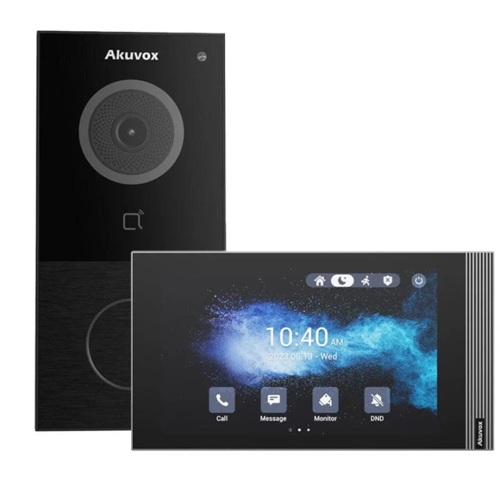 W skład zestawu wchodzi: Panel zewnętrzny IP Akuvox E12W x1 Monitor wideodomofonowy IP 7" Akuvox S562 x1