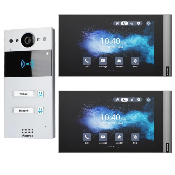 W skład zestawu wchodzi: Panel zewnętrzny IP Akuvox R20BX2 x1 Monitor wideodomofonowy IP 7" Akuvox S562 x2