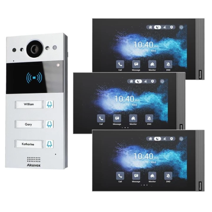 W skład zestawu wchodzi: Panel zewnętrzny IP Akuvox R20BX3 x1 Monitor wideodomofonowy IP 7" Akuvox S562 x3