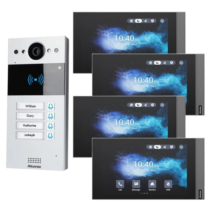 W skład zestawu wchodzi: Panel zewnętrzny IP Akuvox R20BX4 x1 Monitor wideodomofonowy IP 7" Akuvox S562 x4