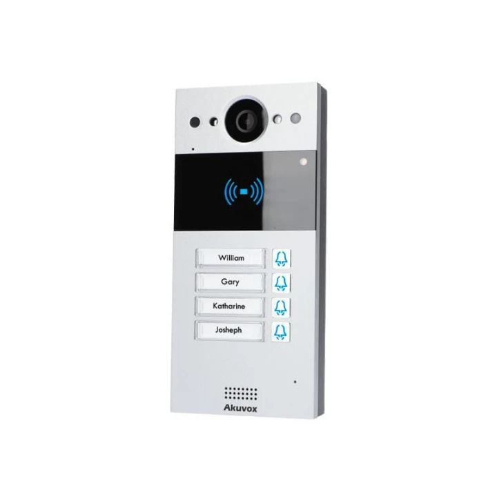 W skład zestawu wchodzi: Panel zewnętrzny IP Akuvox R20BX4 x1 Monitor wideodomofonowy IP 7" Akuvox S562 x4