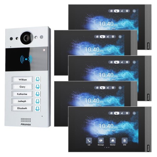 W skład zestawu wchodzi: Panel zewnętrzny IP Akuvox R20BX5 x1 Monitor wideodomofonowy IP 7" Akuvox S562 x5