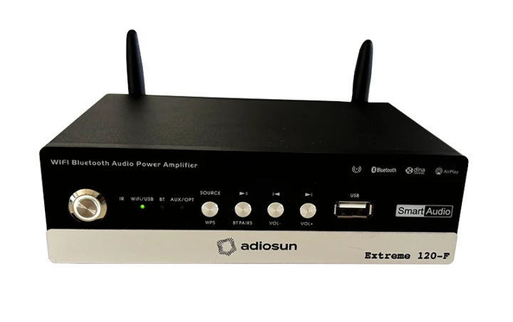 Amplituner streamingowy Extreme 120-F. Jeden amplituner do jedna stereofoniczna strefa audio o mocy do 2 x 60W. Amplituner obsługuje popularne aplikacje internetowe.