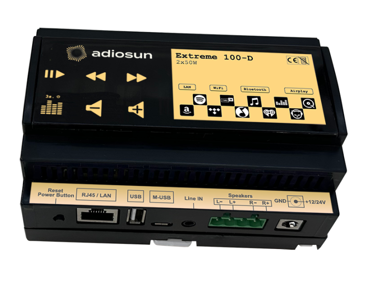 Amplituner streamingowy Extreme 100-D do wielostrefowych systemów audio w inteligentnych instalacjach. Jeden amplituner do jedna stereofoniczna strefa audio o mocy do 2 x 50W. Amplituner obsługuje popularne aplikacje internetowe.